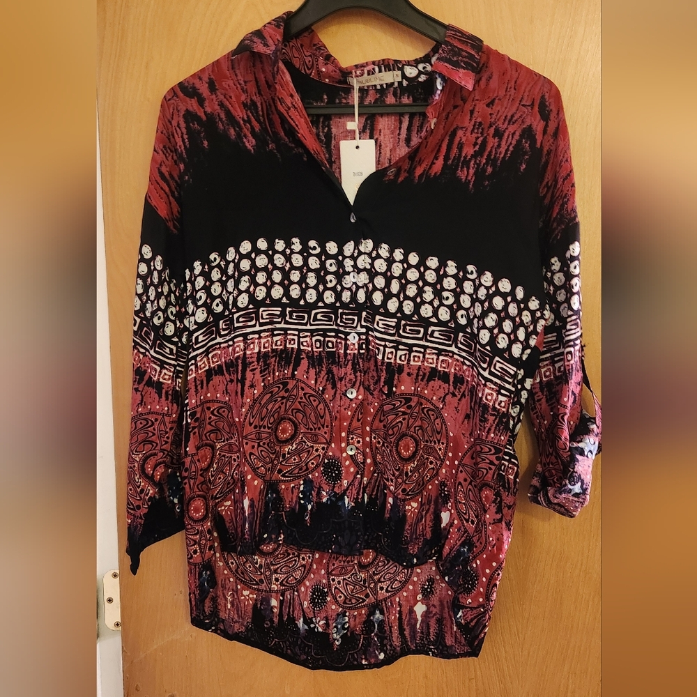 Sublime Boho Cotton Shell Button Down Pink Black 3/4 Roll-up Sleeve Shirt Med